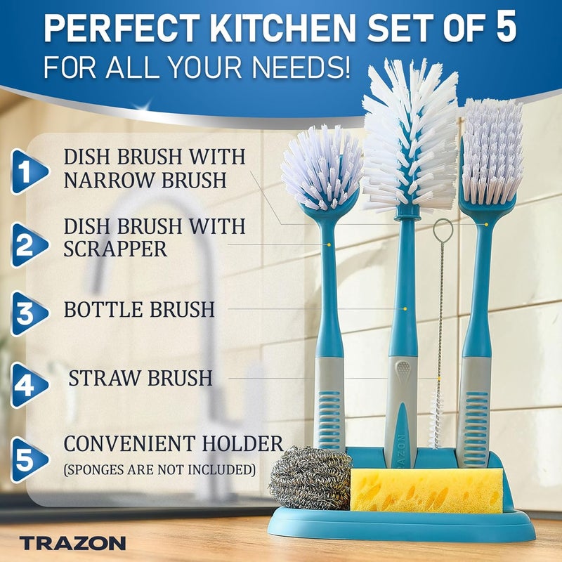 Trazon Dish Brush Set of 5 with Convenient Holder, Bottle Water Brush, Dish Scrub Brush, Scrubber Brush and Straw Brush - Kitchen Scrub Brushes Non Slip Long Handle for Sink Dishes Cup Pot - Image 2